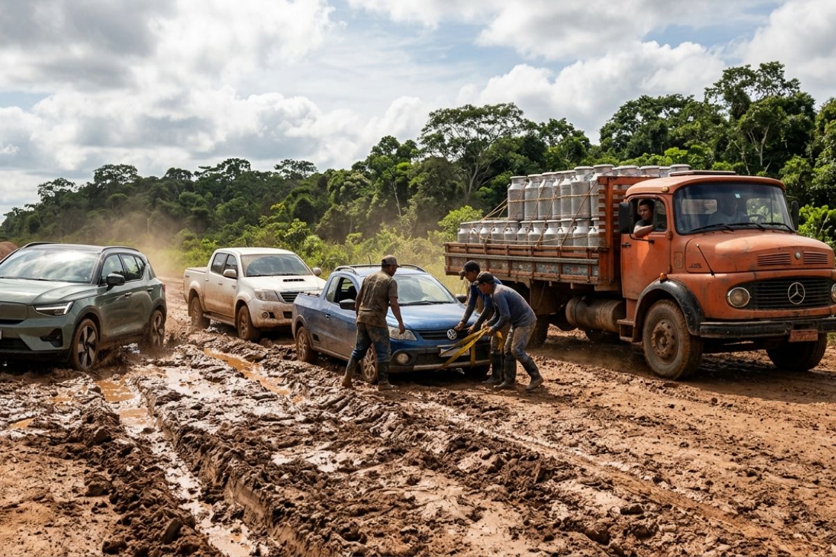Carro elétrico surpreende na Transamazônica no trecho e encara atoleiro de lama; Saveiro e Hilux ficam presas, precisam ser puxadas, enquanto caminhão de leite cruza ao lado com facilidade