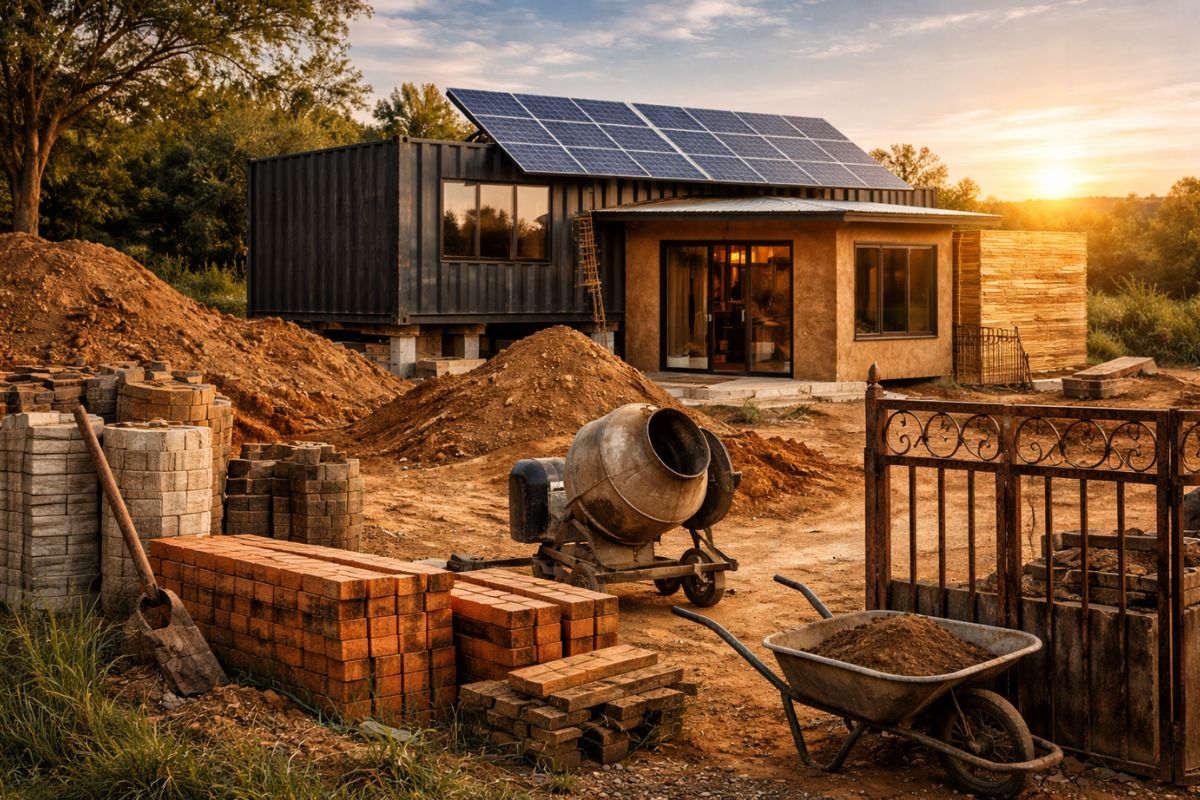 Veja como uma casa usa contêiner, tijolo ecológico e energia solar em obra por etapas para reduzir custos e contas com decisões de projeto. imagem: ilustrativa