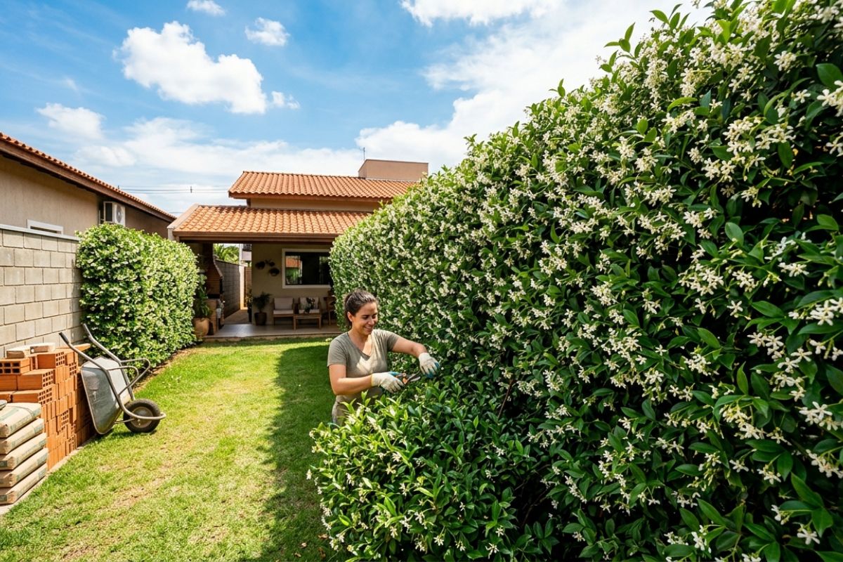 Cerca viva que economiza obra jasmim-da-virgínia cresce até 60 cm por ano, chega a 10 m e fecha o quintal com parede verde densa e perfumada, sem raízes agressivas