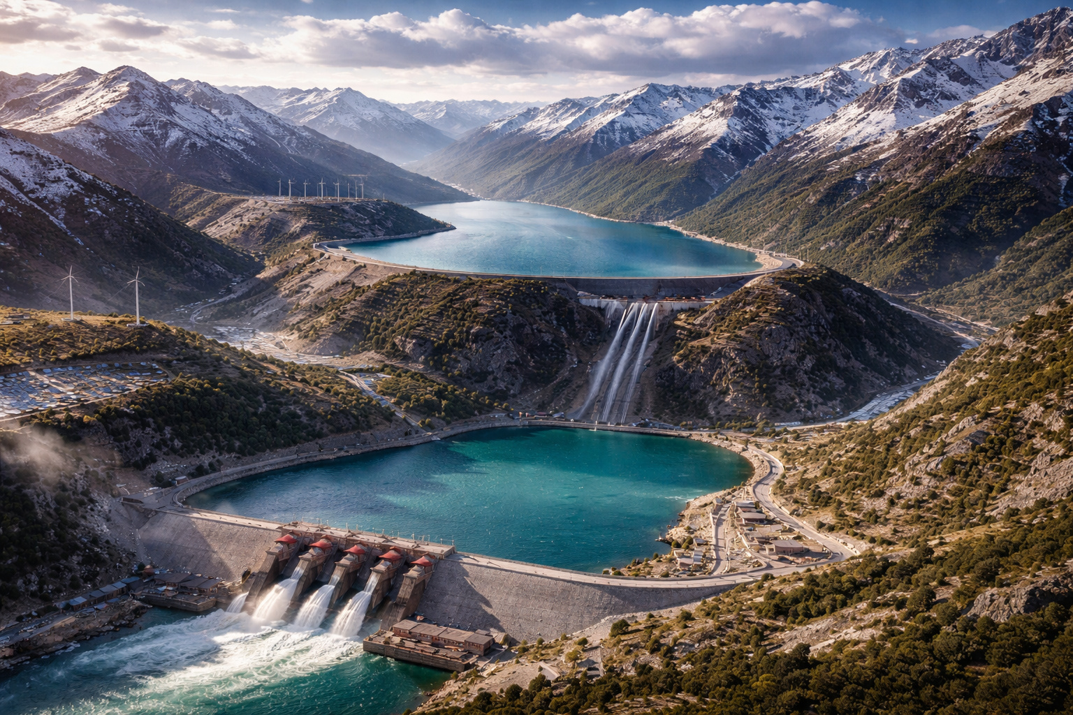 Usina hidrelétrica de bombeamento em alta altitude no Tibete com dois reservatórios, barragem, turbinas, painéis solares e turbinas eólicas integradas em cenário montanhoso