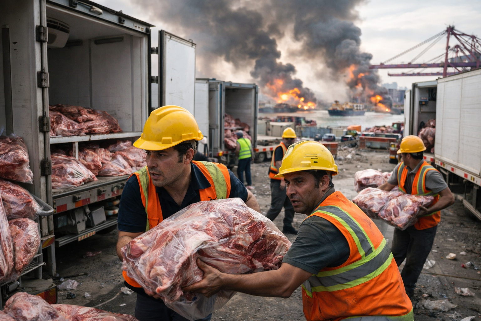 Trabalhadores carregam carne bovina em caminhões frigoríficos em porto durante cenário de conflito no Oriente Médio, com fumaça e explosões ao fundo.