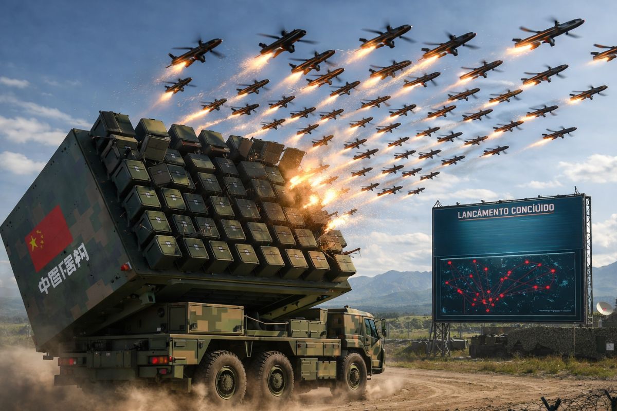 China revela veículo que lança 96 drones kamikaze em 3 segundos. Inteligência artificial encontra e ataca alvos no campo de batalha sem humanos.