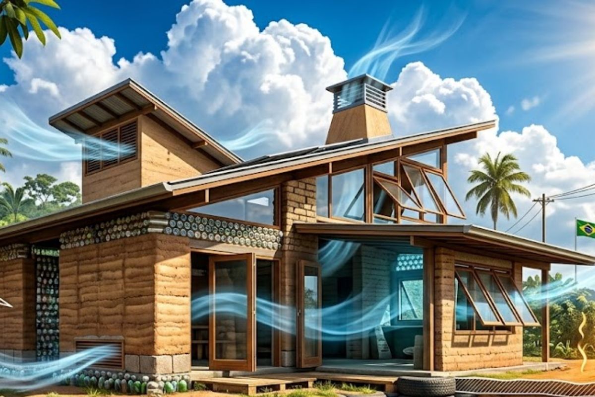 conforto térmico com ventilação natural, telhado de zinco, reboco de terra e termossifão solar para resfriar casa sem ar-condicionado.