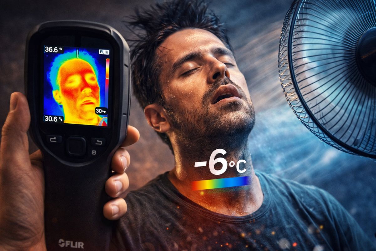 Câmera térmica provou: o ventilador não muda a temperatura do ambiente, mas reduz a da pele em até 6 graus ao acelerar a evaporação do suor do corpo.
