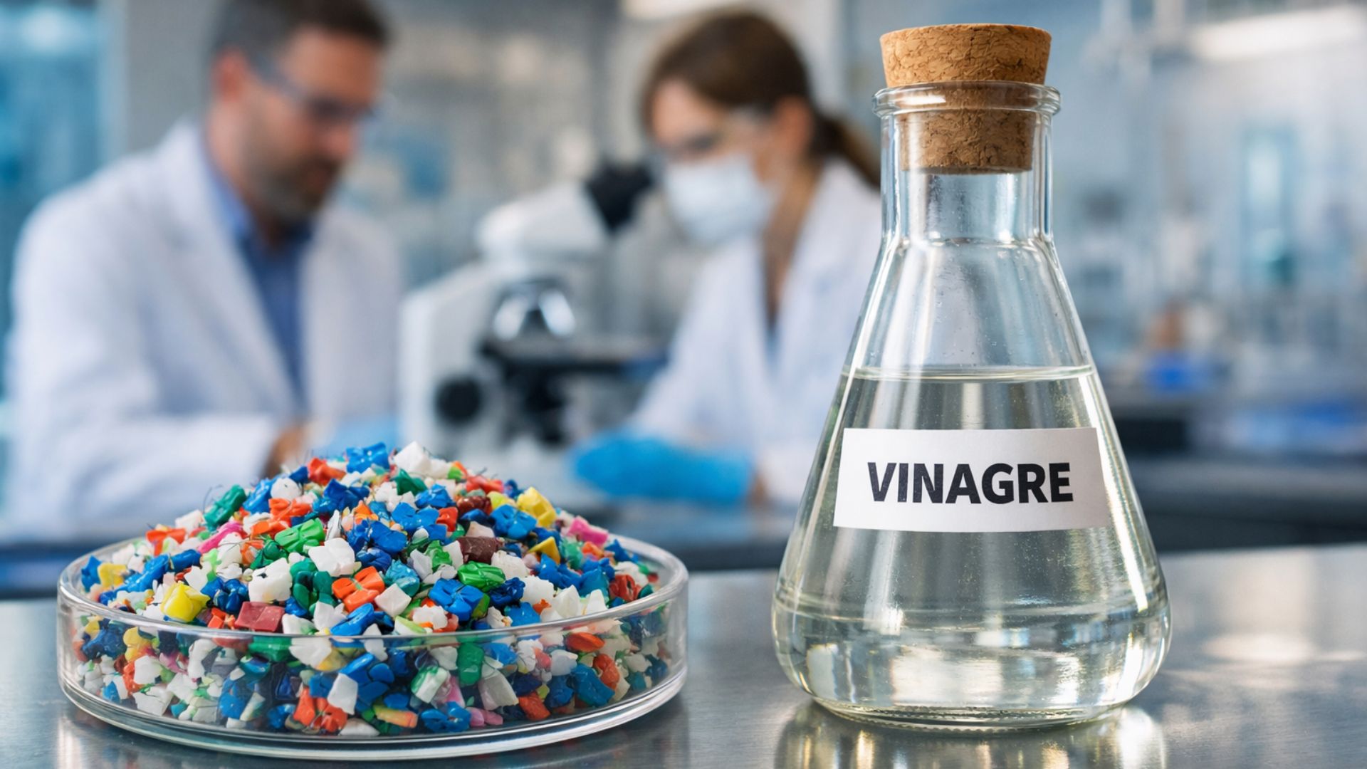 Cientistas em laboratório analisam microplásticos enquanto recipiente com partículas plásticas e frasco de vinagre simbolizam novo método que usa luz solar para transformar plástico em ácido acético
