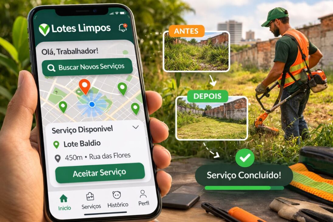 Limpeza de terrenos com aplicativo de limpeza de terrenos para lotes baldios gera renda extra a pequenos trabalhadores.