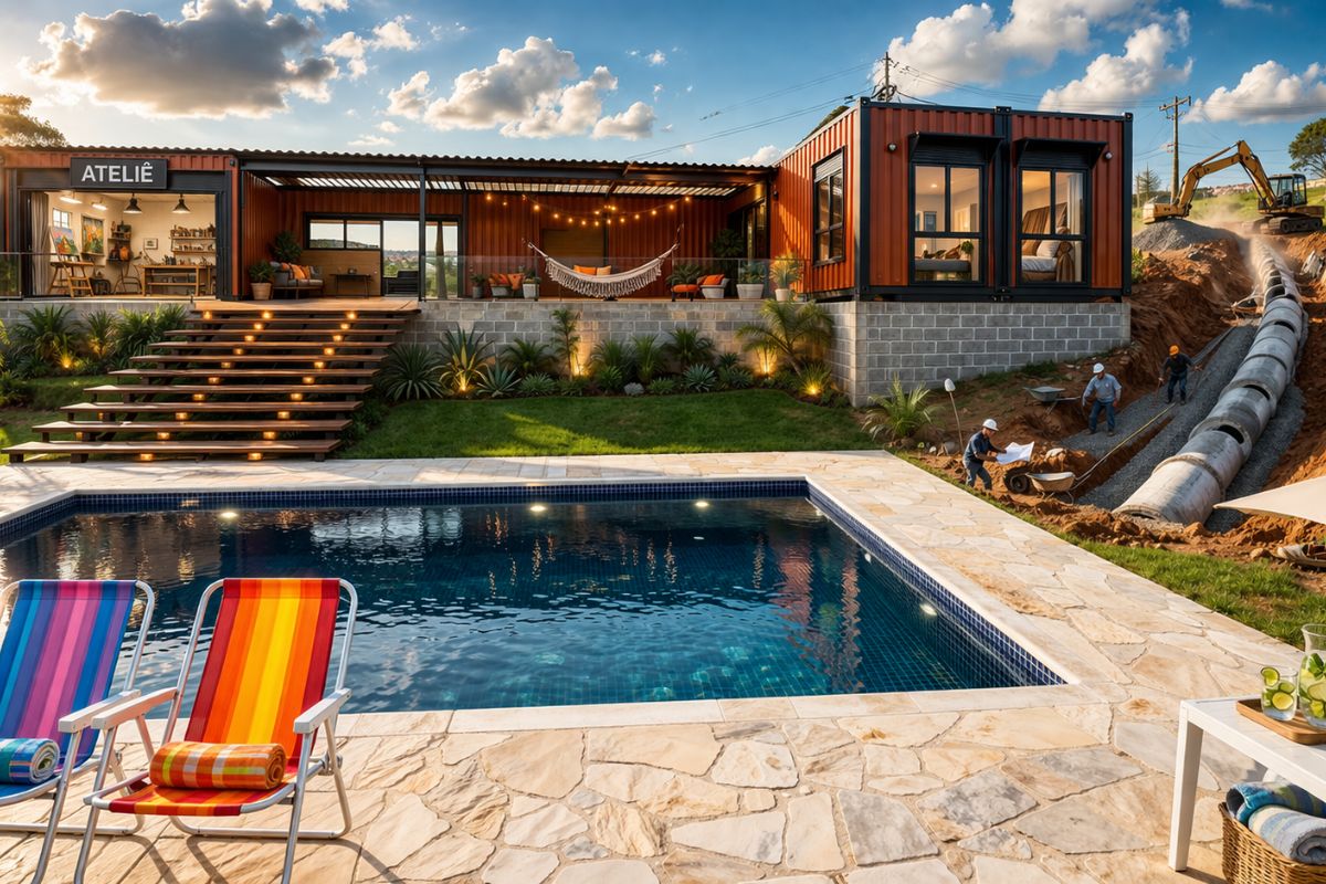 Com 4 contêineres, 130 m², ateliê e piscina, esta casa em Sarapuí impressiona pelo espaço, acabamento e por uma obra externa que quase custou outra casa (5)