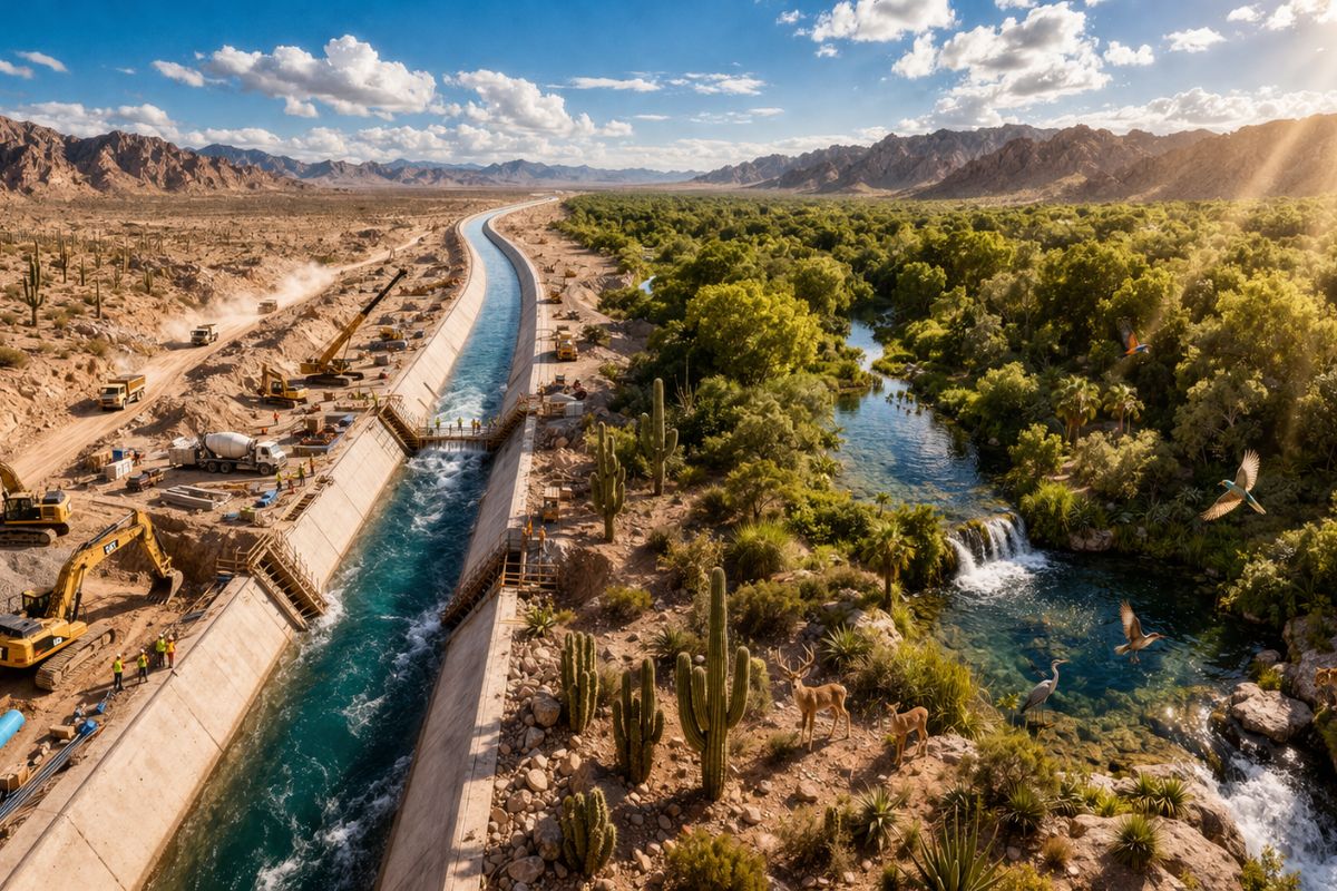 Com 95% da obra concluída, Mega Sual de 1.200 pés cruza o deserto de Chihuahua, dobra a captação de água e vira peça central para criar uma floresta no deserto