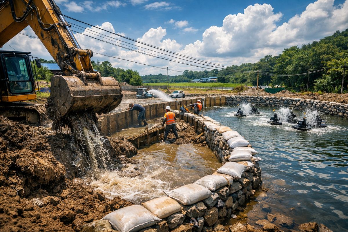 Com escavadeira e muita estratégia, operador transforma caixa seca em tanque de peixe, ergue contenção no terreno alagado e vence lama, enxurrada, fios baixos e pouco espaço na obra (2)