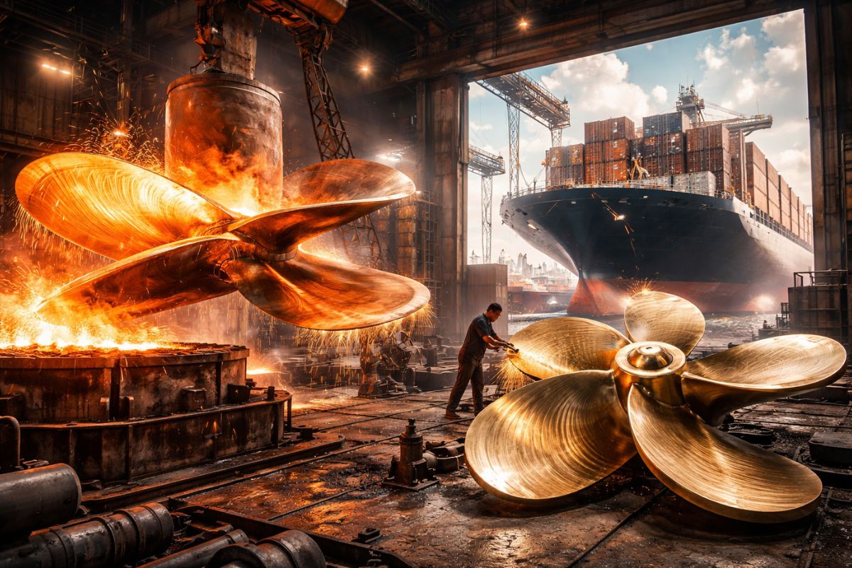 Com mais de 50 toneladas e até 11 metros, hélices gigantes são moldadas em metal incandescente, polidas com precisão extrema e movem navios de 300 metros (1)