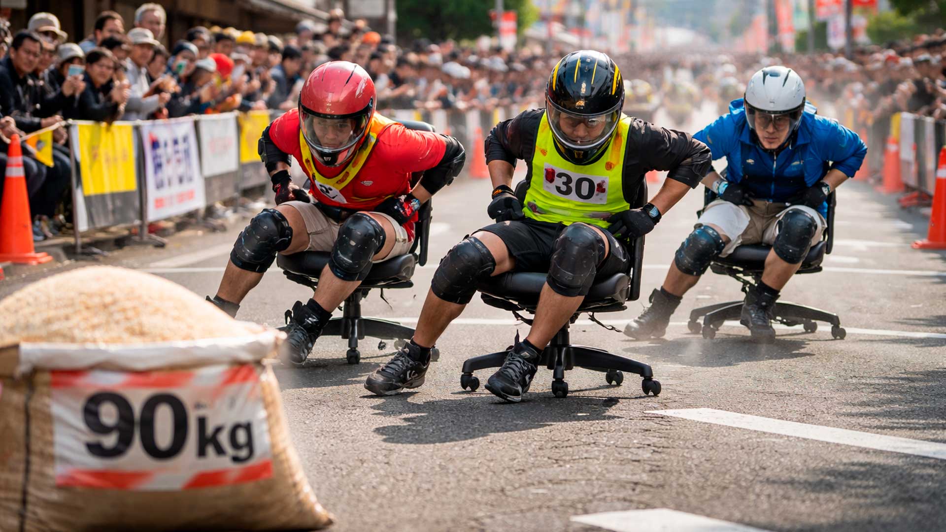 Com prêmio inusitado, Japão transforma cadeiras de escritório em corrida de resistência nas ruas, ISU-1 Grand Prix cresce, lota etapas e paga 90 quilos de arroz