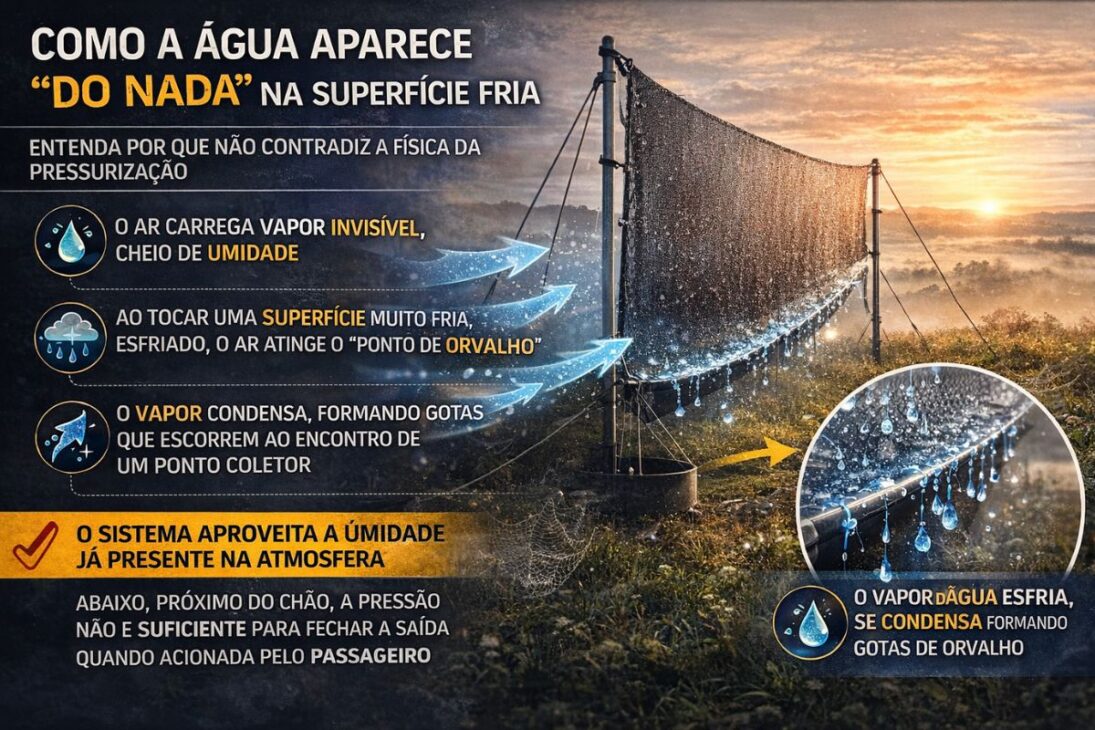 Água da atmosfera vira orvalho por condensação em coletor simples e pode render água potável sem energia.