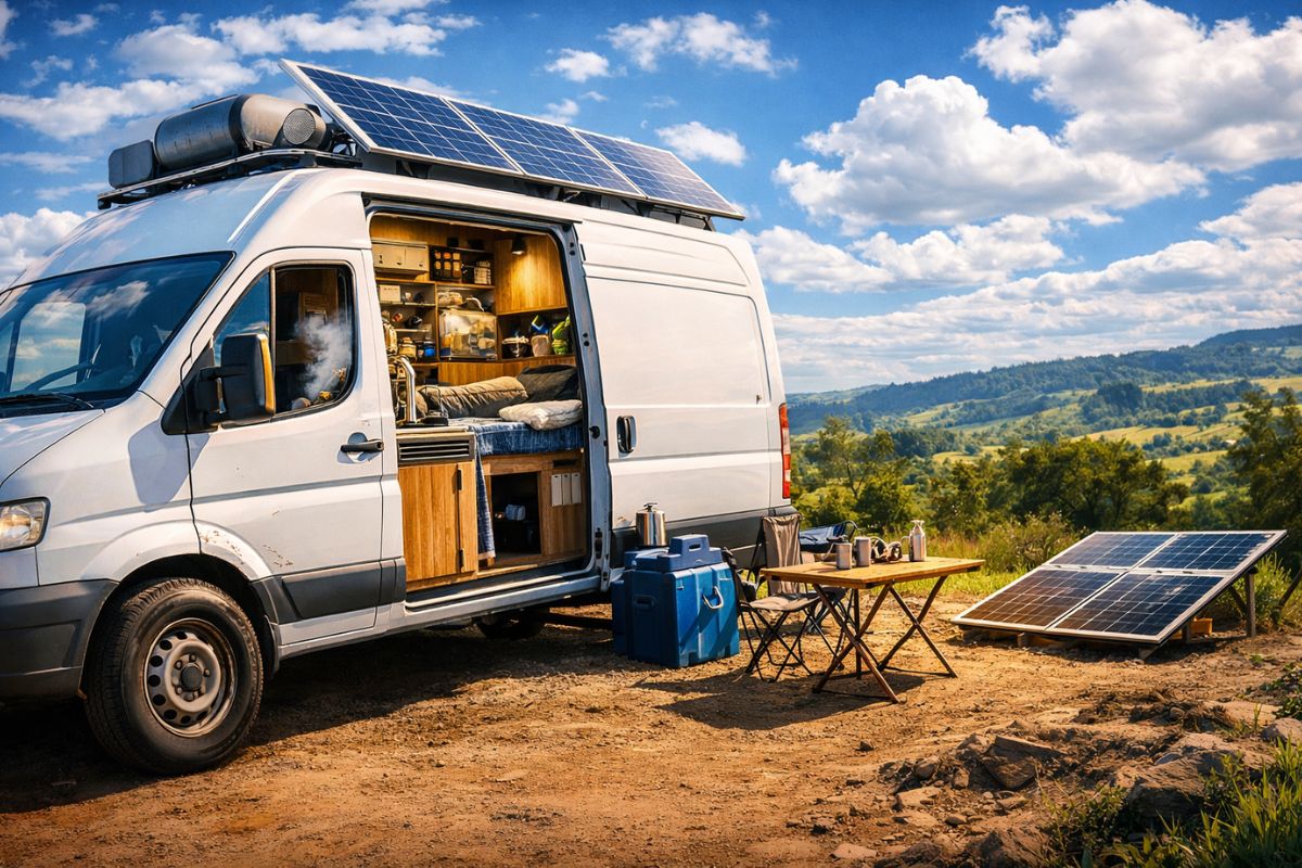 Comprada por US$ 3 mil e com quase 200 mil milhas, van de entregas com 20 anos vira casa off-grid completa, com cama, cozinha, energia solar, água encanada (5)