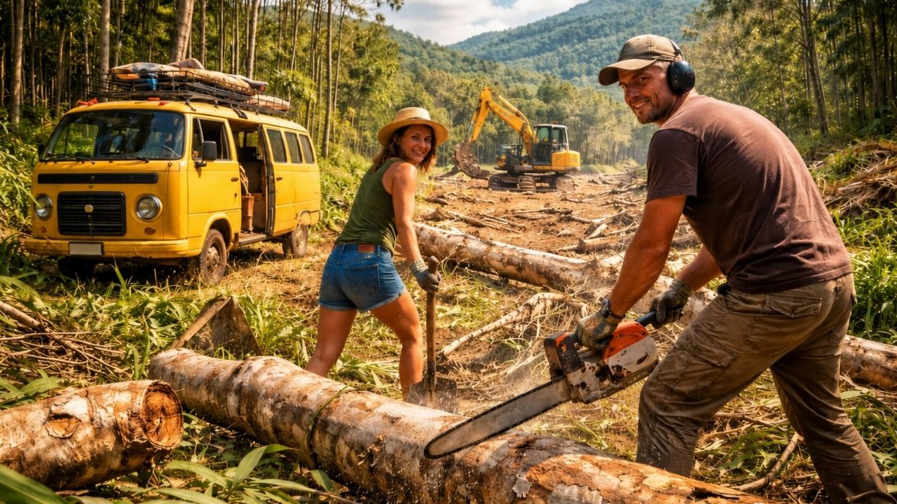 Depois de cruzar as Américas com uma Kombi de 1986, casal decide parar de viajar e começa do zero em um terreno em Santa Catarina, abrindo acesso, derrubando eucaliptos e preparando o