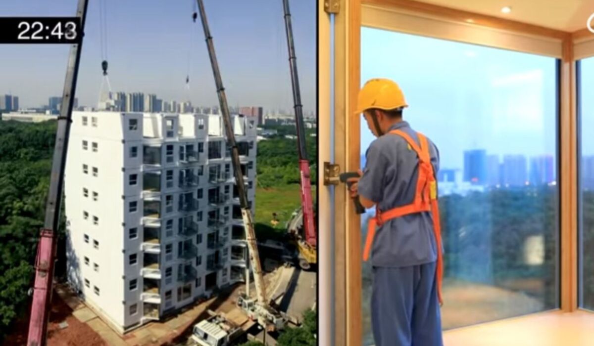 Prédio de 10 andares é montado em 28 horas na China e reacende debate sobre construção modular, segurança e futuro do setor. (Imagem: Reprodução)