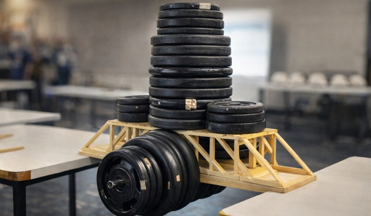 Estudantes de engenharia viralizam ao criar ponte de palitos que suporta mais de 430 kg em teste final de resistência em Rio Preto. (Imagem: ilustrativa, criada por IA, inspirada no experimento)
