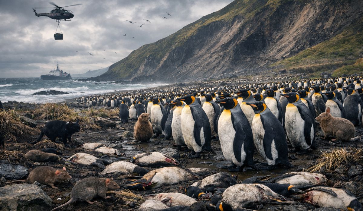 Ilha Macquarie virou símbolo de restauração após ratos, coelhos e gatos alterarem o ecossistema e ameaçarem aves marinhas.