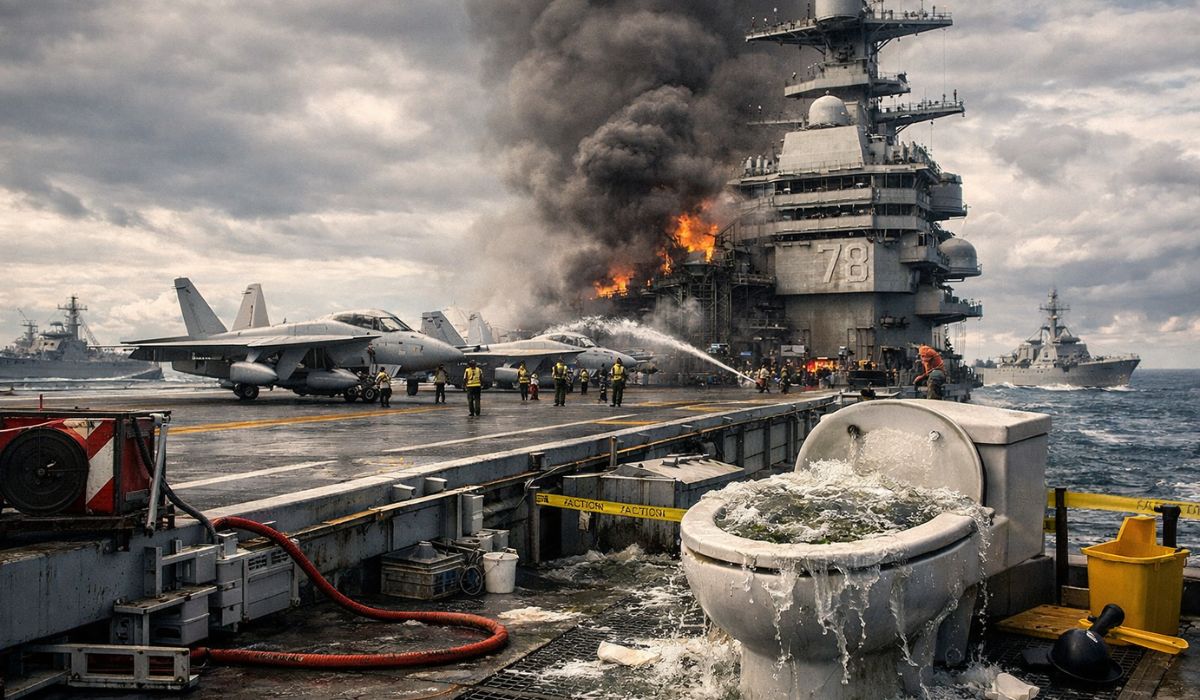 Incêndio, falhas técnicas e desgaste tiram o USS Gerald R. Ford da operação contra o Irã e expõem crise no maior porta-aviões. (Imagem: Ilustração)