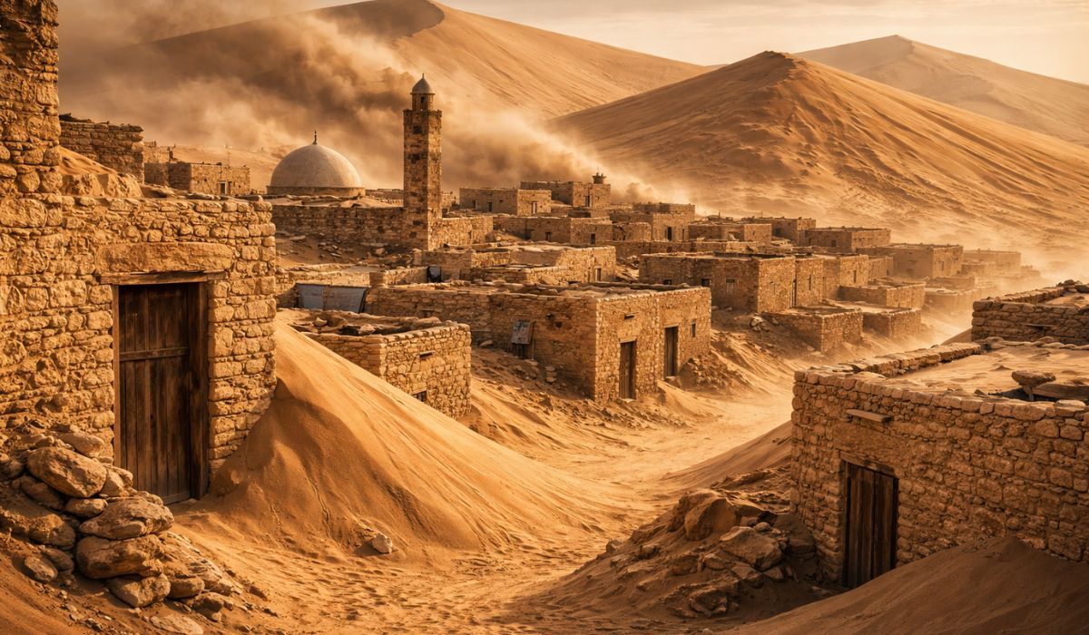 Chingueti, na Mauritânia, enfrenta o avanço das dunas sobre casas, ruas e bibliotecas de uma cidade histórica da UNESCO. (Imagem: Ilustração)