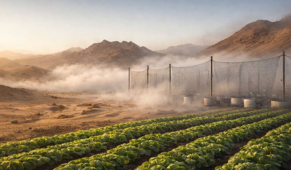 No deserto do Atacama, água da neblina é usada para cultivar alface e limão em meio à escassez hídrica no Chile. (Imagem: Ilustração)