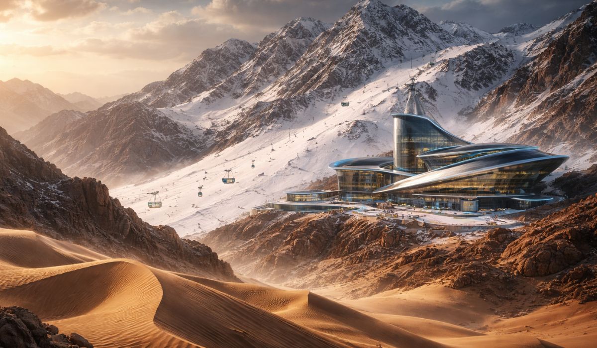 Projeto Trojena, na Arábia Saudita, aposta em neve no deserto, turismo de luxo e tecnologia sob debate ambiental e econômico. (Imagem: Ilustrativa)
