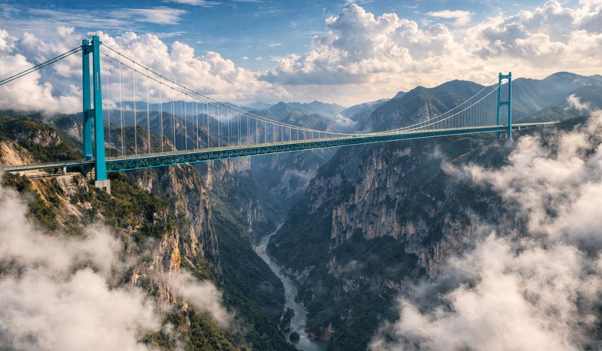 Ponte mais alta do mundo na China tem 625 metros, reduz a travessia de 2 horas para 2 minutos e entrou para a história em Guizhou. (Imagem: Ilustração)