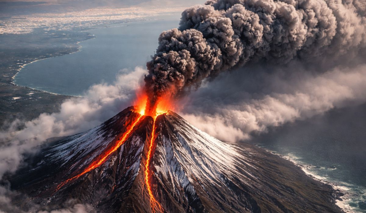 Imagem da Nasa mostra vulcão Klyuchevskoy com pluma de 1.600 km em Kamchatka, uma das áreas vulcânicas mais ativas do mundo. (Imagem: Ilustrativa)