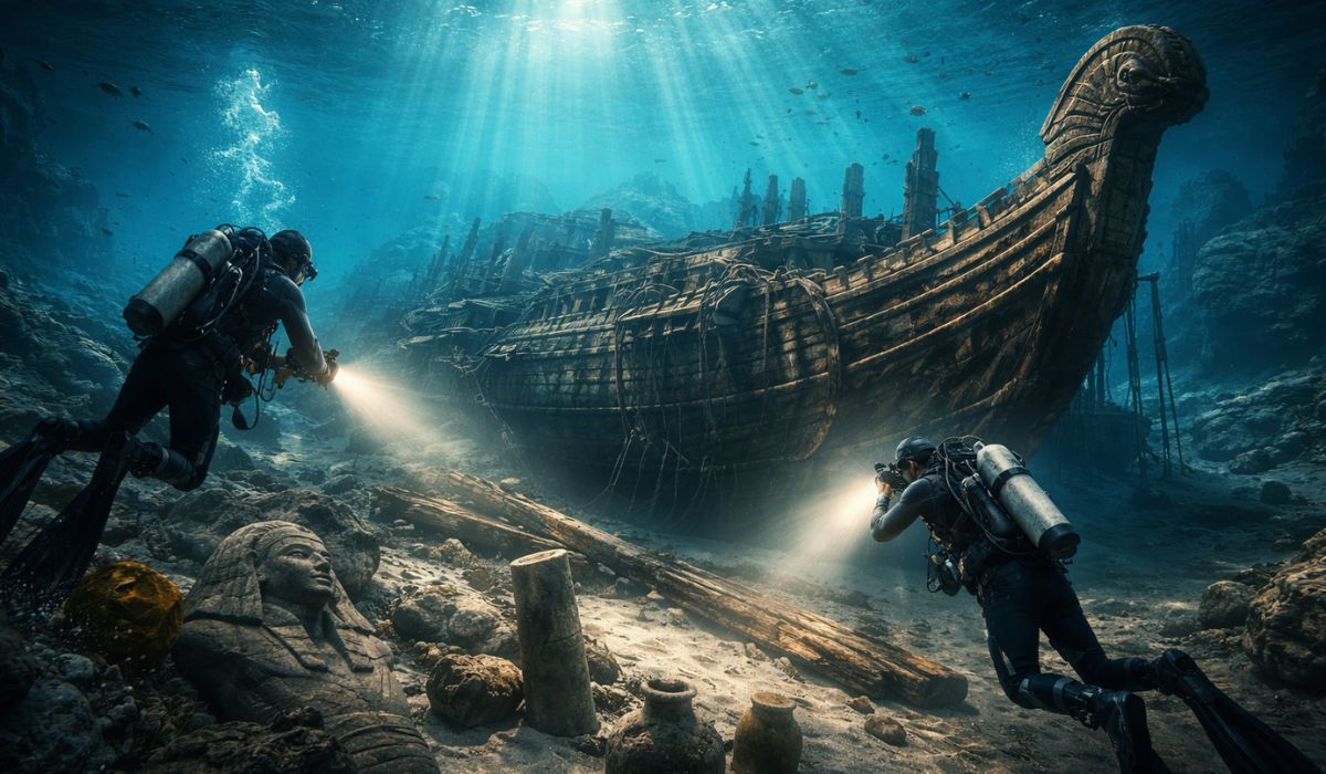 Naufrágio achado em Alexandria pode revelar barco de luxo ou ritual do Egito antigo ligado ao culto de Ísis. (Imagem: Ilustrativa)