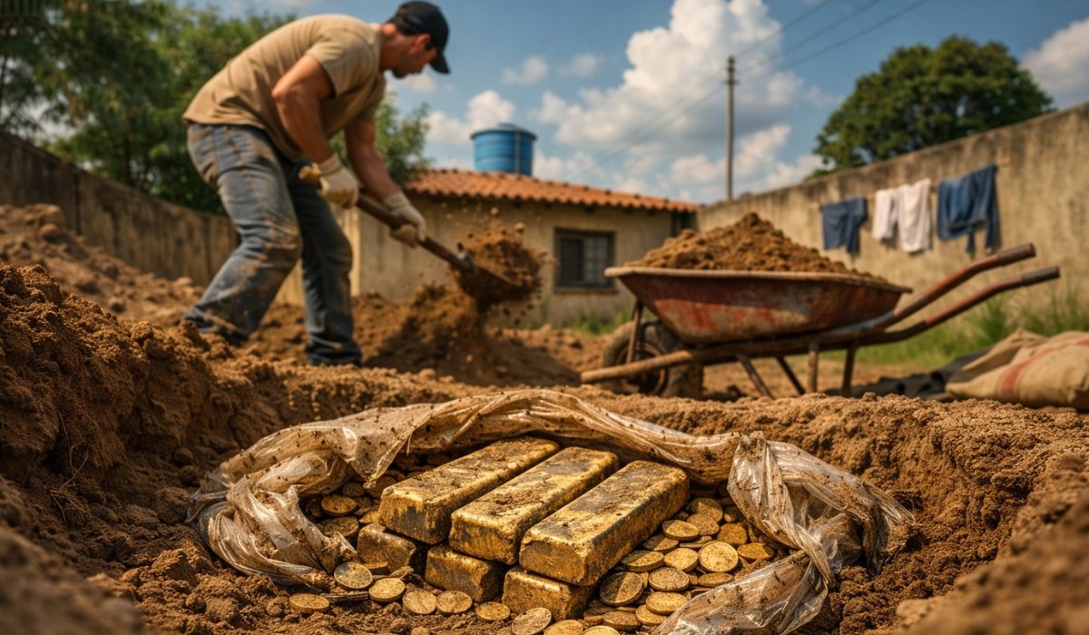 Morador encontra ouro enterrado no quintal ao cavar piscina na França. Descoberta inclui lingotes e moedas e mobiliza autoridades. (Imagem: Ilustrativa)