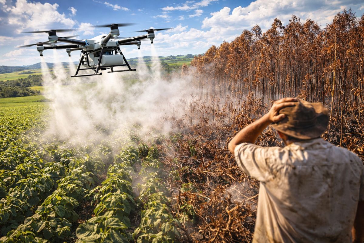 Drone com herbicida aplicado em pasto espalha névoa, atinge lavoura vizinha, destrói 40 mil pés de eucalipto, arrasa plantação de chuchu e deixa produtor rural de Goiás diante de prejuízo (2)