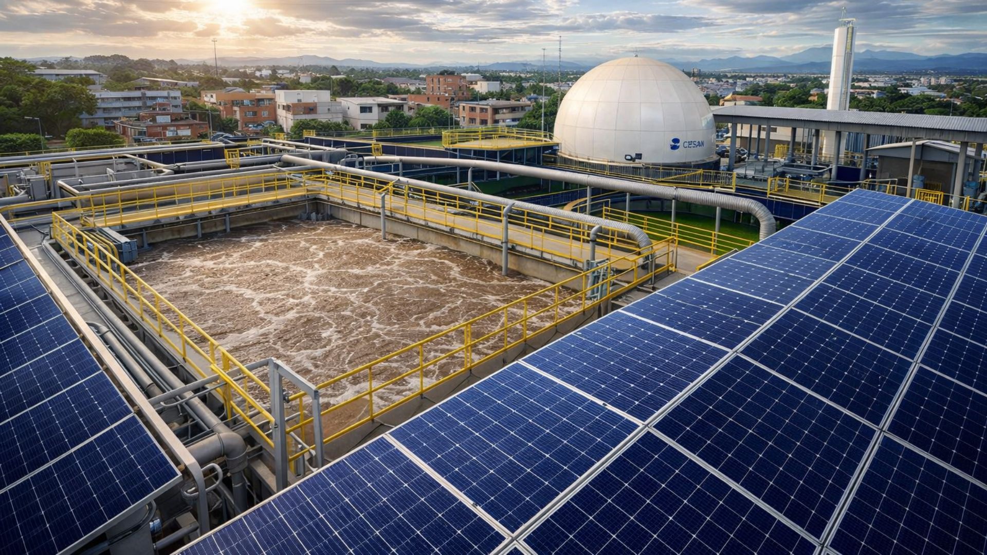 Estação de Tratamento de Esgoto sustentável em Vila Velha com painéis solares gerando energia limpa para operação do sistema de saneamento.
