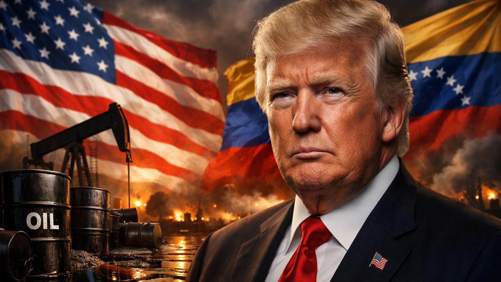 Donald Trump com bandeiras dos EUA e da Venezuela ao fundo e barris de petróleo em cenário de crise energética global