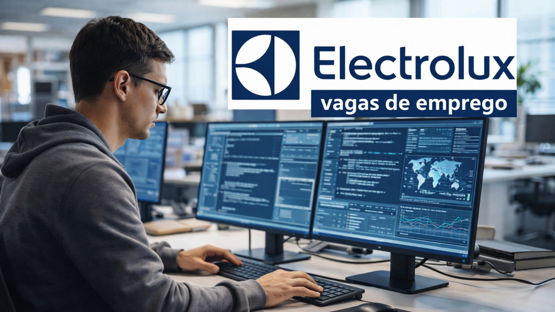 Profissional trabalhando em computador em ambiente corporativo com logotipo da Electrolux e destaque para vagas de emprego na área de tecnologia no Brasil