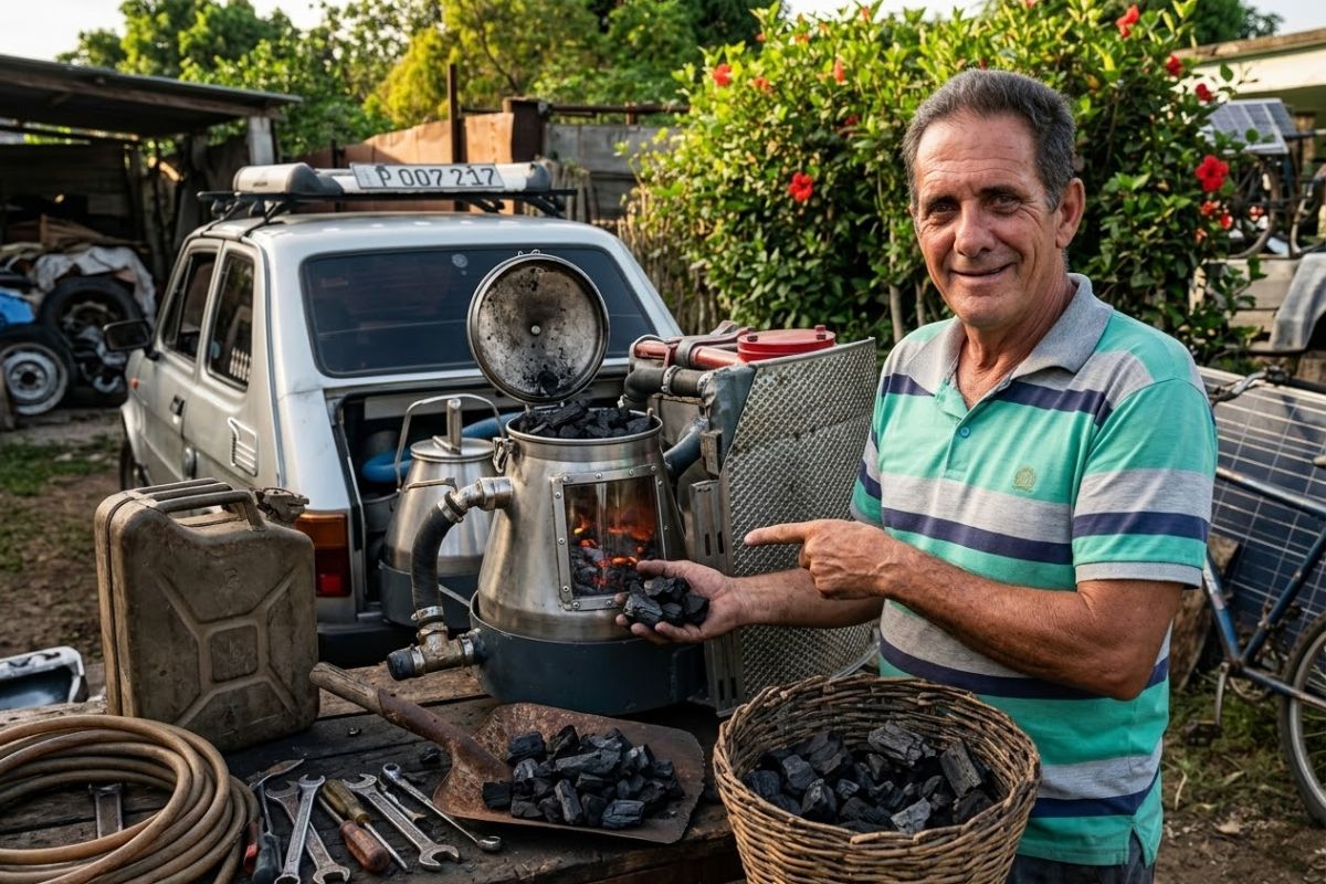 mecânico em Cuba adapta Fiat Polski com carvão vegetal e técnica da Segunda Guerra para driblar escassez de combustível e apagões.