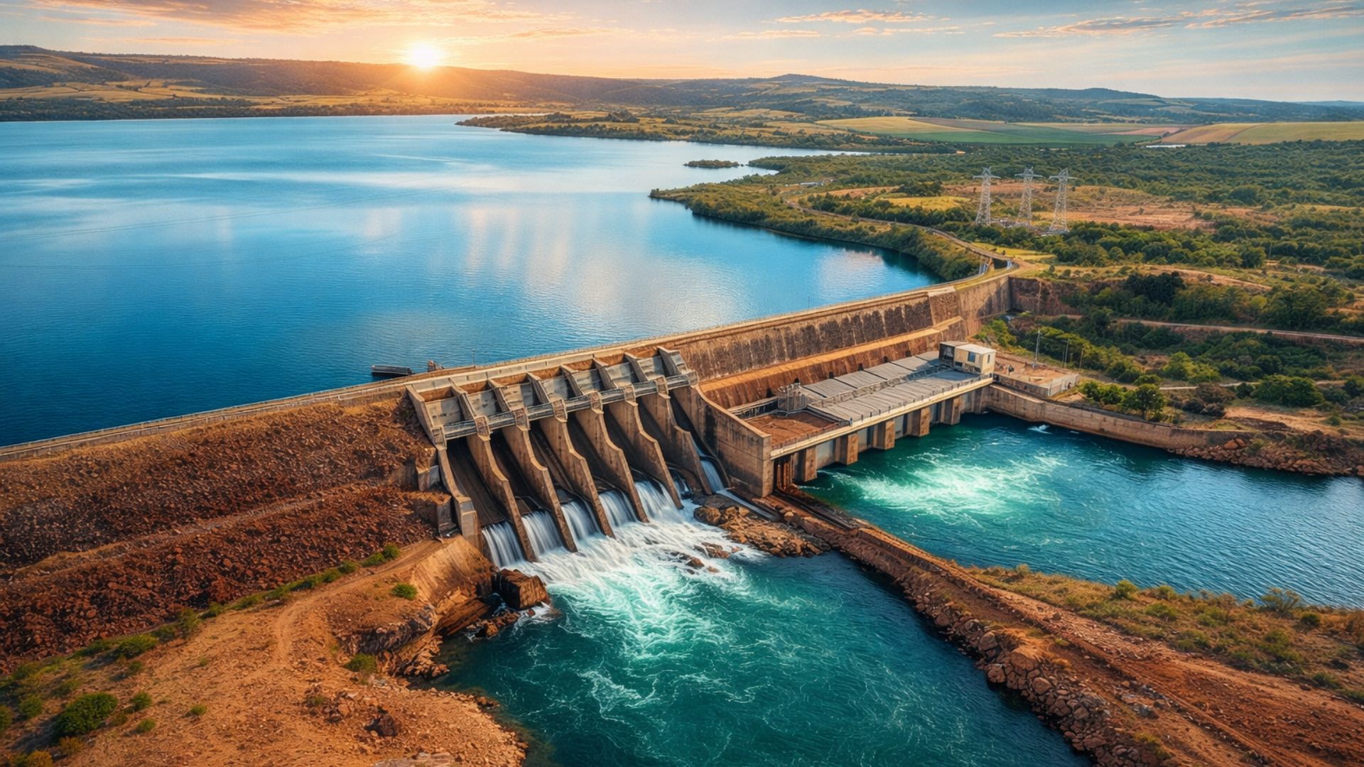 Usina hidrelétrica Jaguara com vertedouro liberando água, reservatório ao fundo e estrutura de geração de energia em operação no Rio Grande