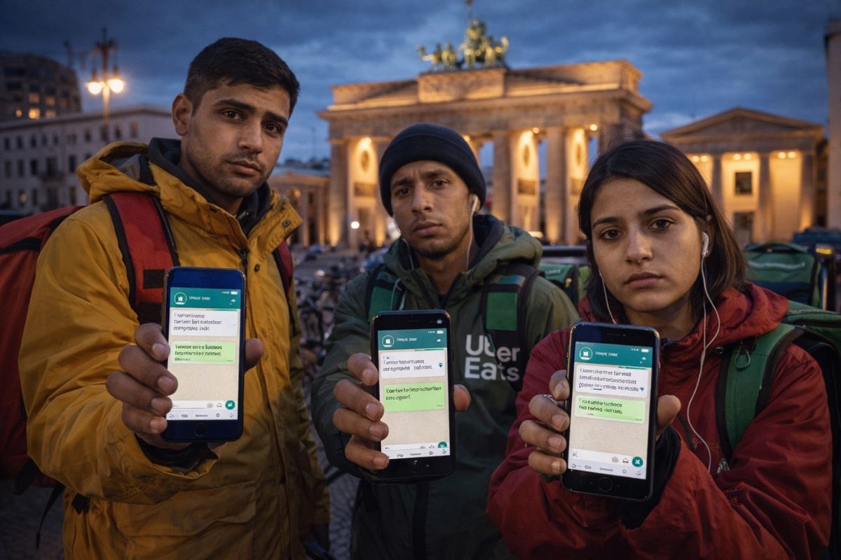 Estudantes indianos chegam à Alemanha e viram entregadores de aplicativo explorados por intermediários sem contrato. Investigação revela o ciclo de exploração.