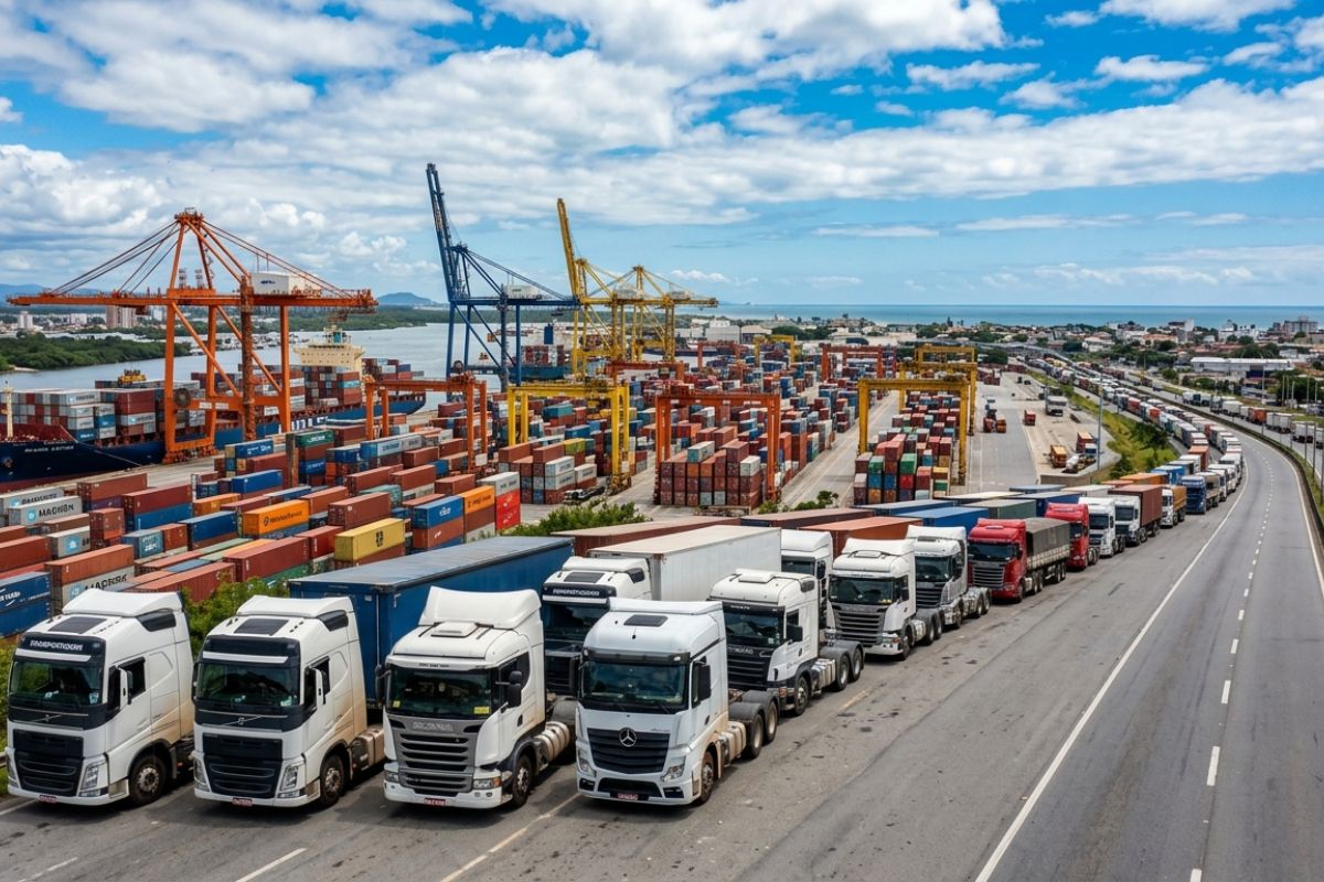 Falta de caminhoneiros no país já trava cargas e ameaça prazos 88% das transportadoras não conseguem contratar, média de oito caminhões parados, e o complexo portuário de Itajaí (1)