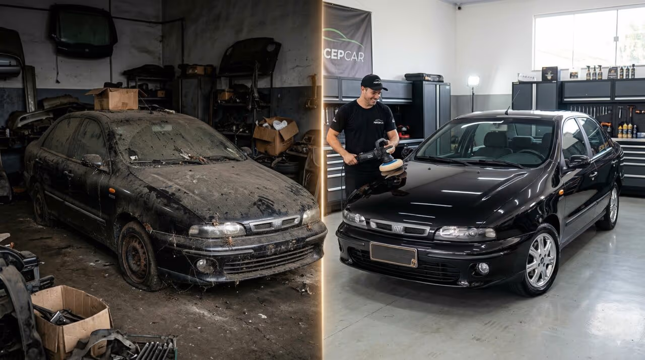 Fiat Marea abandonado é restaurado por canal automotivo, volta a rodar e atinge valor de cerca de R$ 10 mil após reforma detalhada. (Imagem: O Antagonista/Percepcar/Youtube)