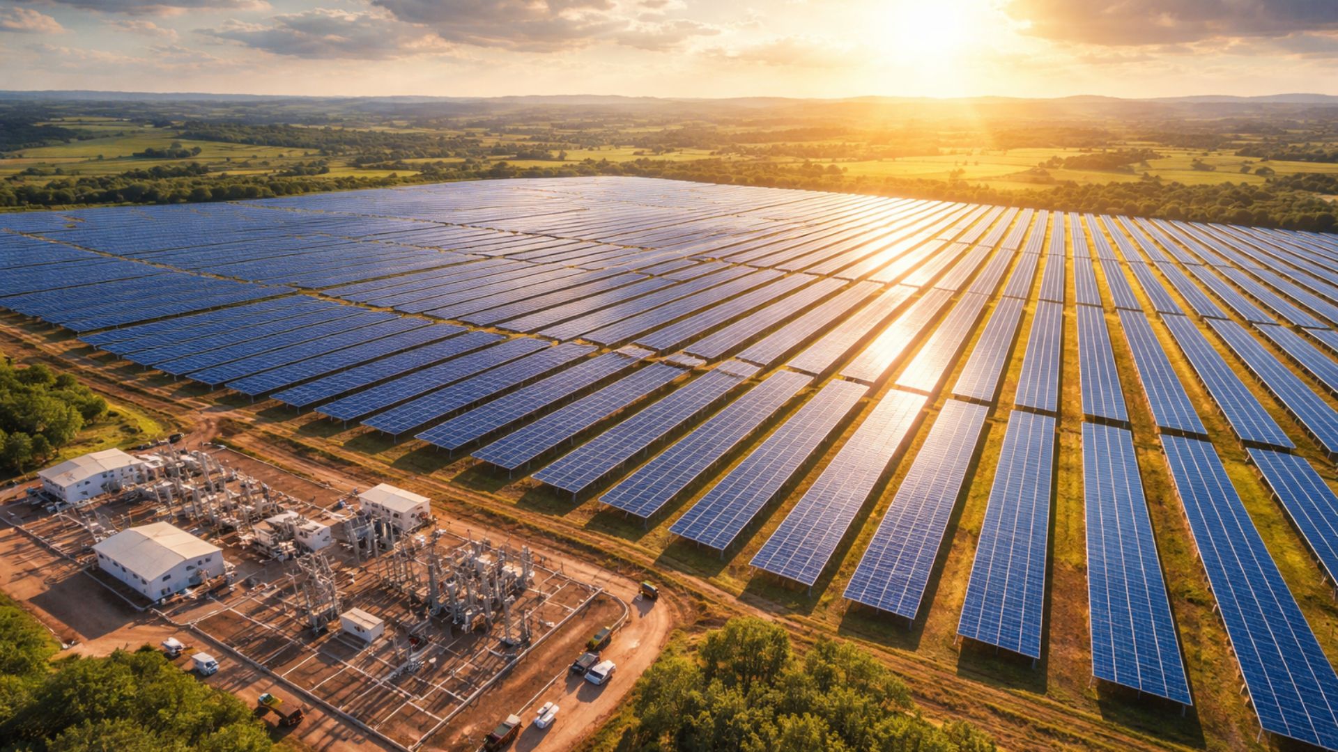 Vista aérea de um grande complexo solar em Goiás com milhares de painéis fotovoltaicos organizados em larga escala e subestação elétrica ao lado durante pôr do sol