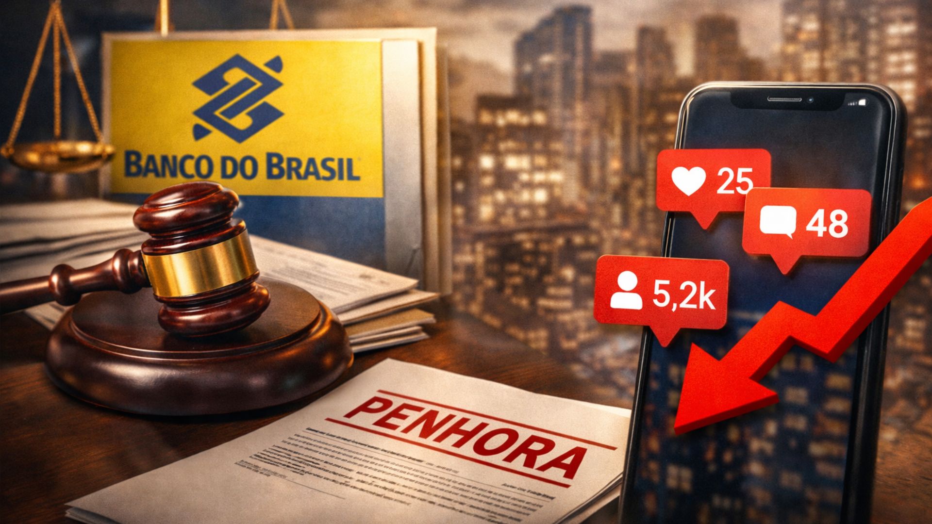 Martelo judicial ao lado de documento de penhora com logotipo do Banco do Brasil e smartphone exibindo notificações de redes sociais, representando processo contra influenciadora por dívida milionária