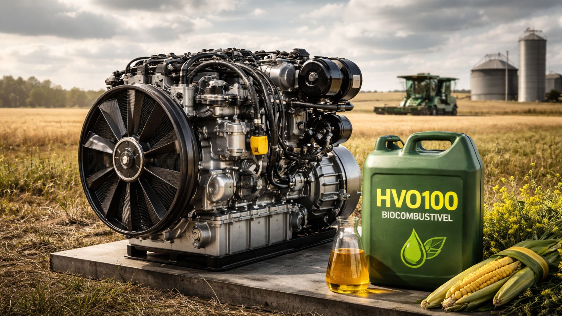 Motor agrícola moderno instalado em área rural ao lado de recipiente de biocombustível HVO100, com lavoura ao fundo e céu parcialmente nublado, representando alternativa sustentável ao diesel no agronegócio.