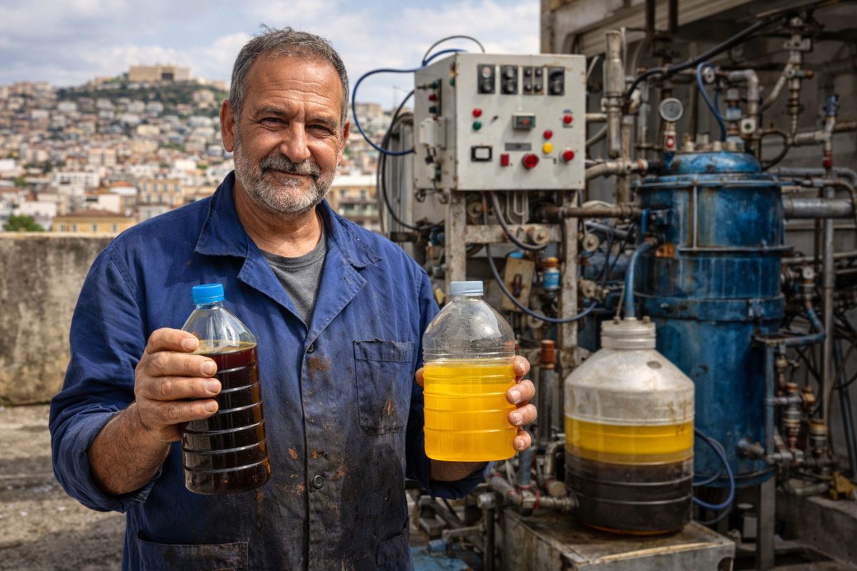 Morador de Ceuta produz combustível diesel há 20 anos com óleo de cozinha usado e uma máquina artesanal. Conheça a história de Paco.