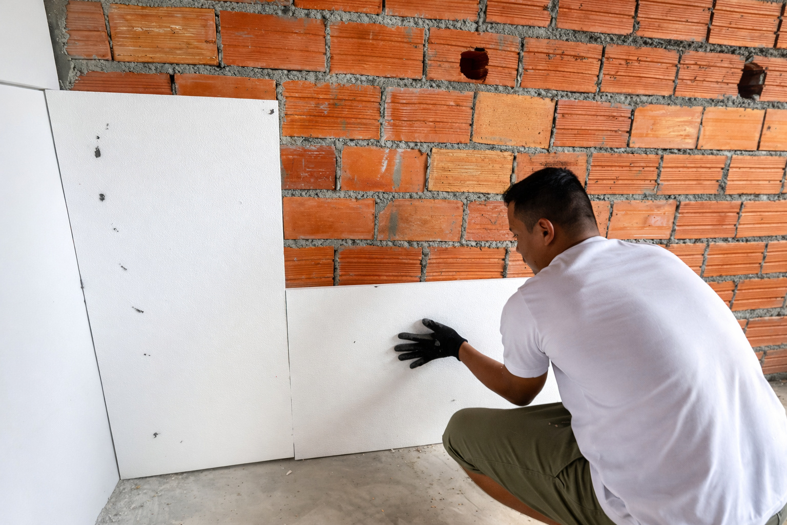 Homem usa técnica para economizar reboco com placas de isopor de 20mm