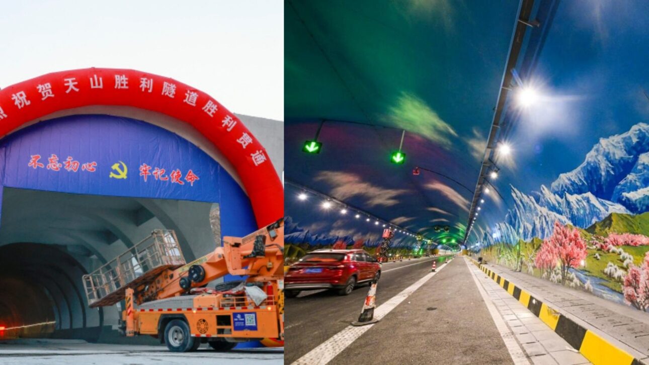 Maior túnel rodoviário do mundo na China corta a cordilheira Tianshan, reduz viagens para 20 minutos e revoluciona a logística em Xinjiang.