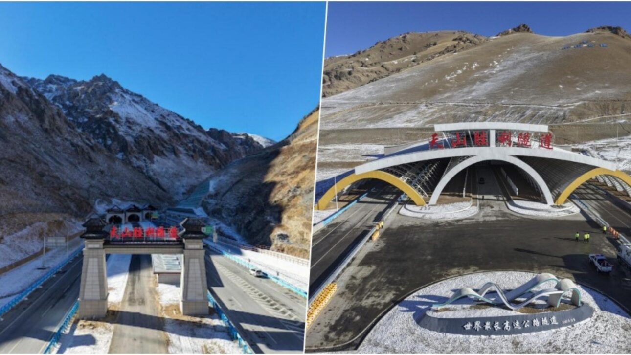 Maior túnel rodoviário do mundo na China corta a cordilheira Tianshan, reduz viagens para 20 minutos e revoluciona a logística em Xinjiang.