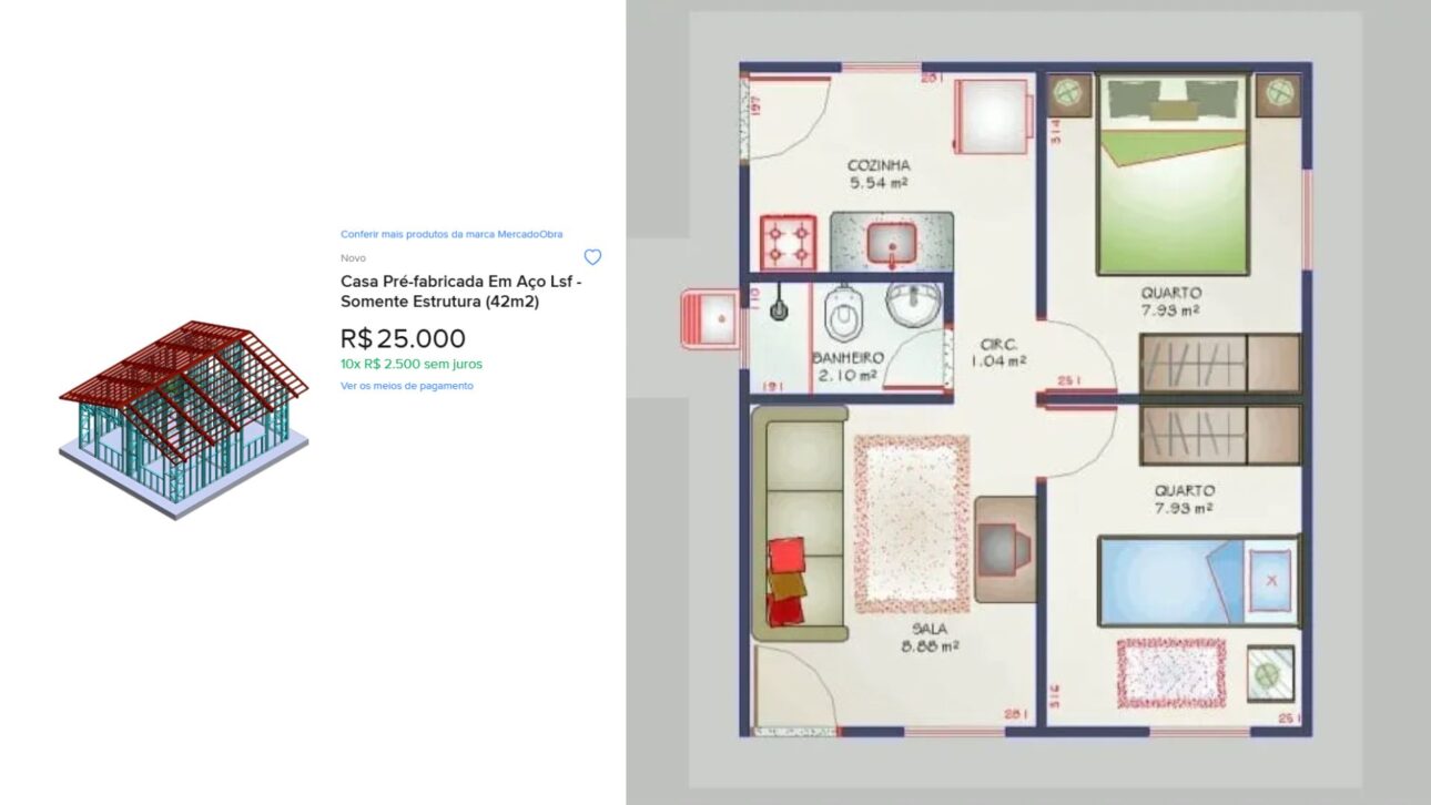 Casa modular de 42 m² por R$ 25 mil no Mercado Livre chama atenção no Brasil. Estrutura em aço LSF inclui 2 quartos, sala, cozinha e banheiro.