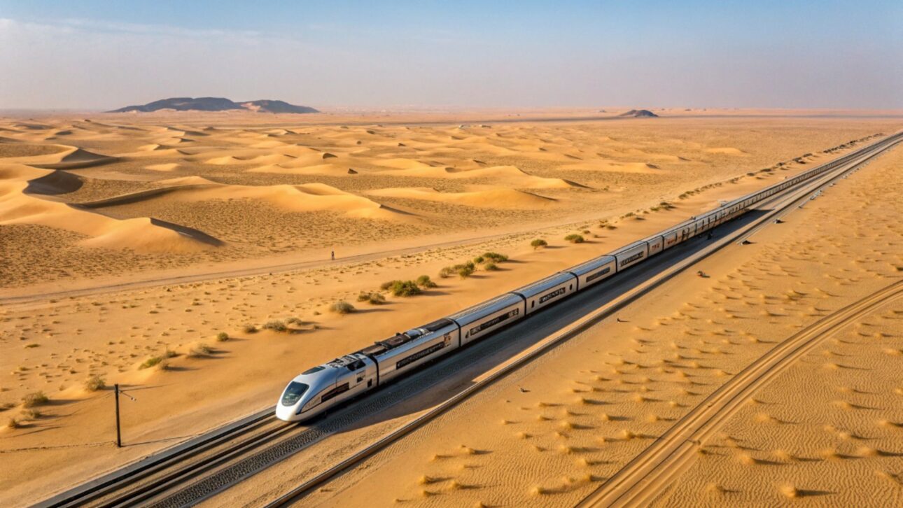 Arábia Saudita remove 150 milhões de m³ de areia e constrói ferrovia de alta velocidade de 450 km entre Meca e Medina em pleno deserto.