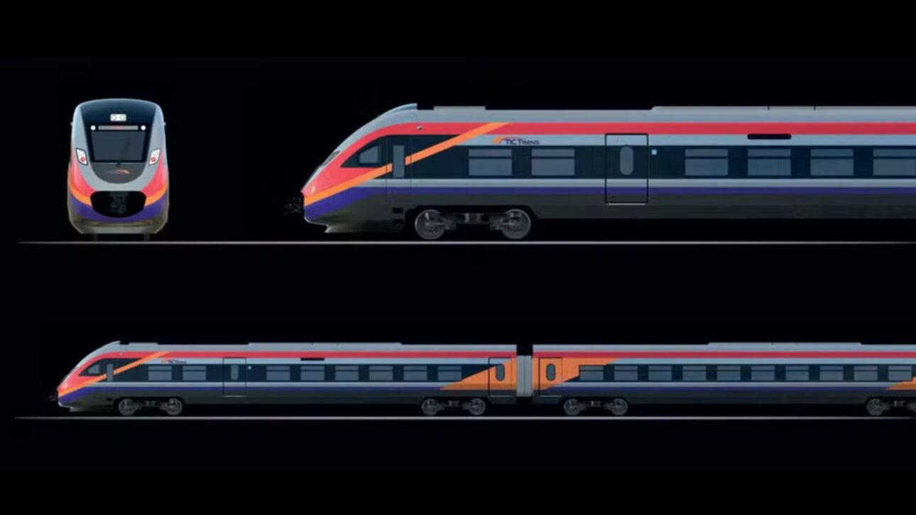 O Trem Intercidades (TIC) aposta em um design com frente alongada, linhas aerodinâmicas e identidade visual própria para o Eixo Norte do projeto. — Foto: TIC Trens