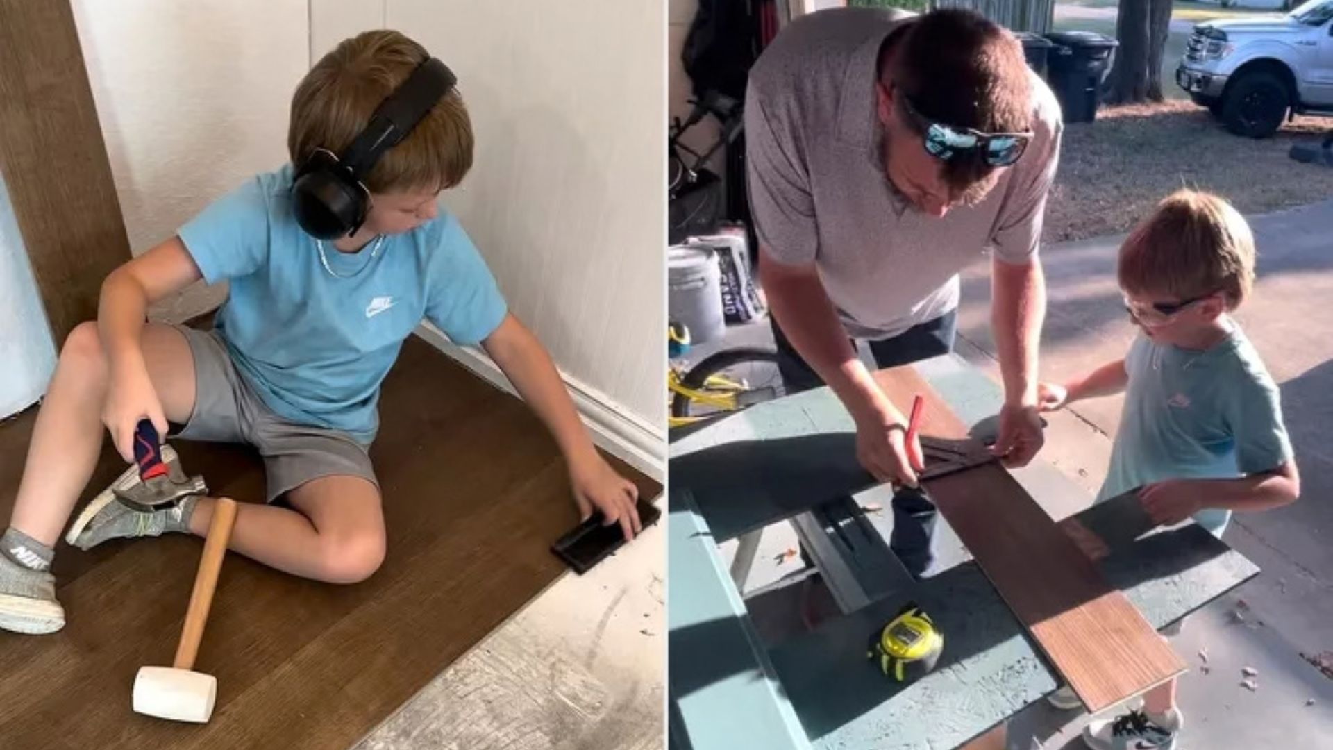 Vídeo mostra menino de 7 anos instalando piso durante reforma da própria casa e surpreende ao aprender a técnica apenas observando o pai.