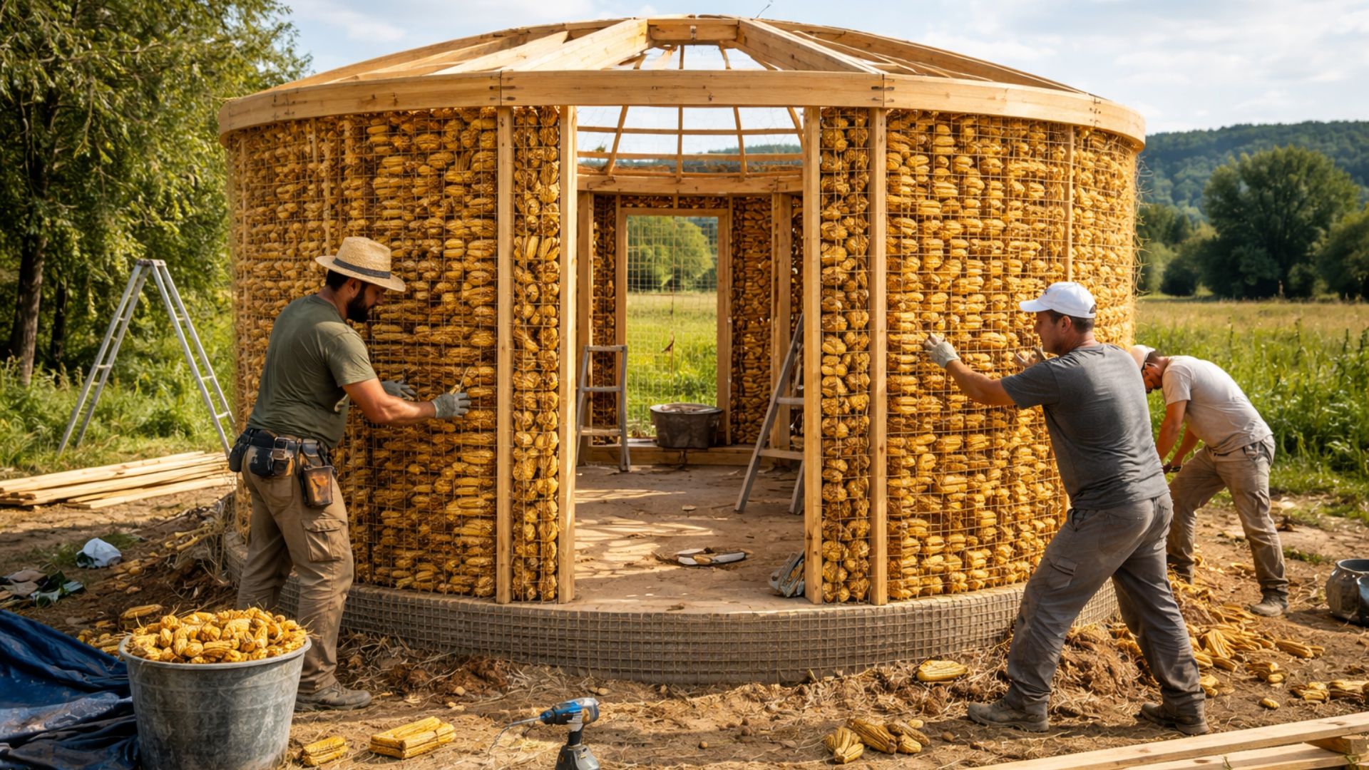 Casa circular feita com sabugos de milho e madeira chama atenção por baixo custo, sustentabilidade e inovação na construção.